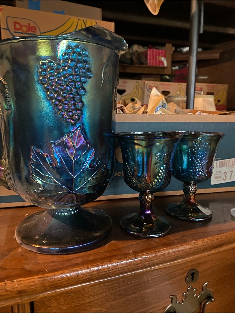 Set of 1970’s Harvest Grape Blue Carnival Glass Pitcher and 8 Goblets - Picture 2 of 3